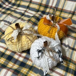 Hand made crochet pumpkins. Set of 3 with ribbons and lace.